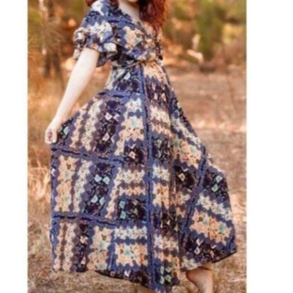 NWT ATL Abel the Label Gandhi floral patchwork boho‎ maxi ruffle dress S